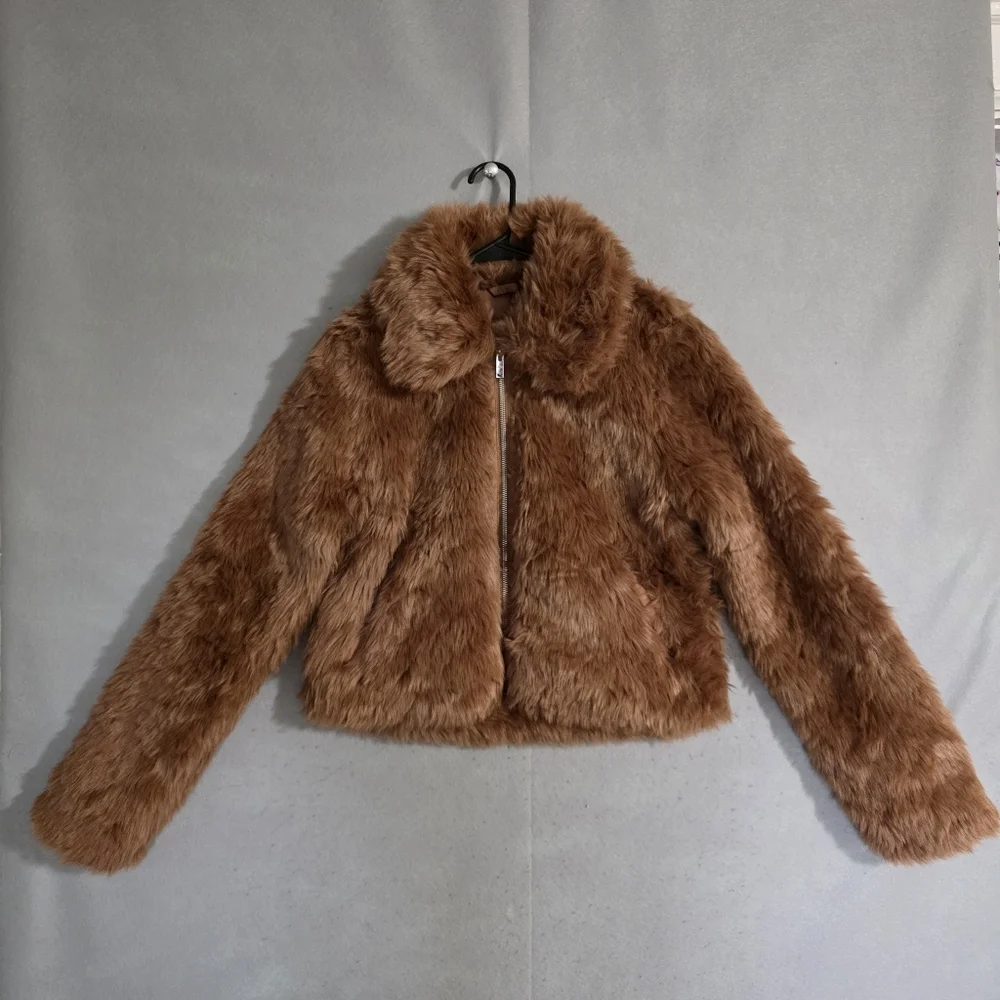 Abercrombie & Fitch Womens Brown Cropped Faux Fur Jacket Size Small - Picture 1 of 12